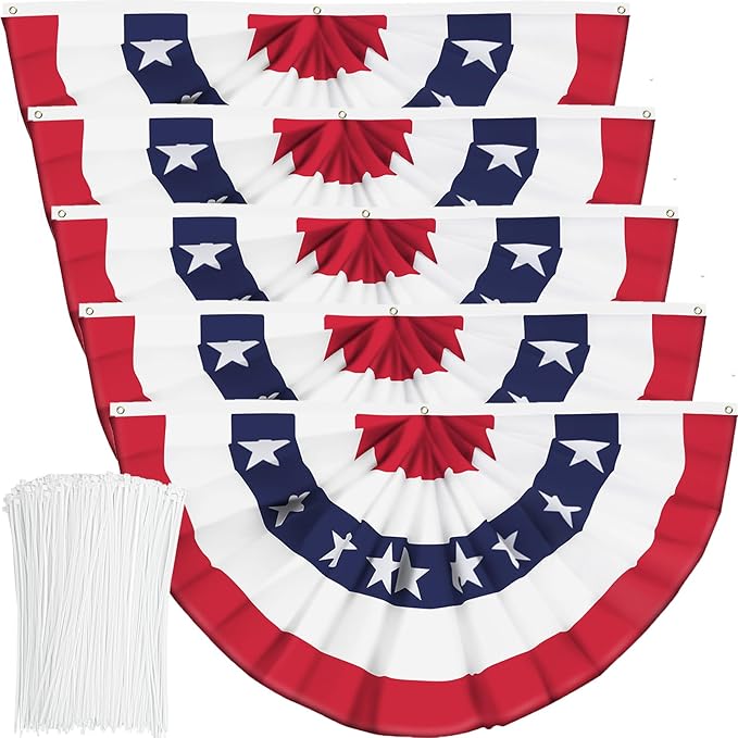 5 Pieces USA Pleated Fan Flag 3x6 FT American US Bunting Flag Patriotic Half Fan Banner Flag with Canvas Header and Brass Grommets for 4th of July Memorial Day Indoor Outdoor Decoration (5, 3x6 Feet)