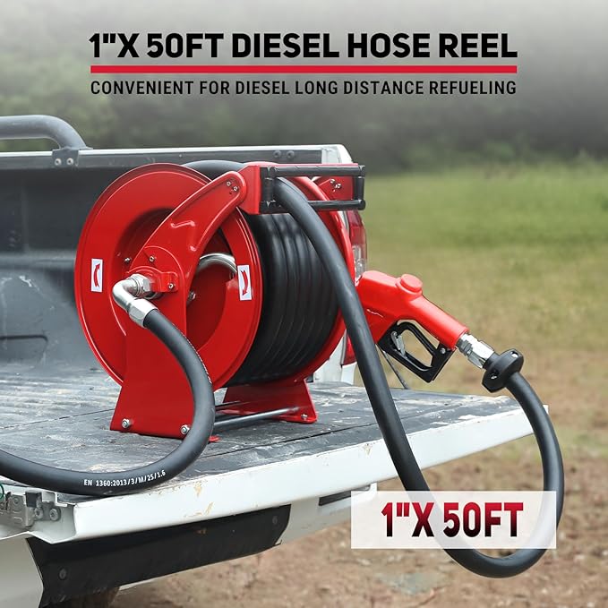 Fuel Hose Reel, Retractable 1" x 50' Extra Long Diesel Hose, 300 PSI Industrial Carbon Steel Diesel Hose Reel Auto Swivel Rewind with Fueling Nozzle for Vehicle Tank Truck Trailer Ship