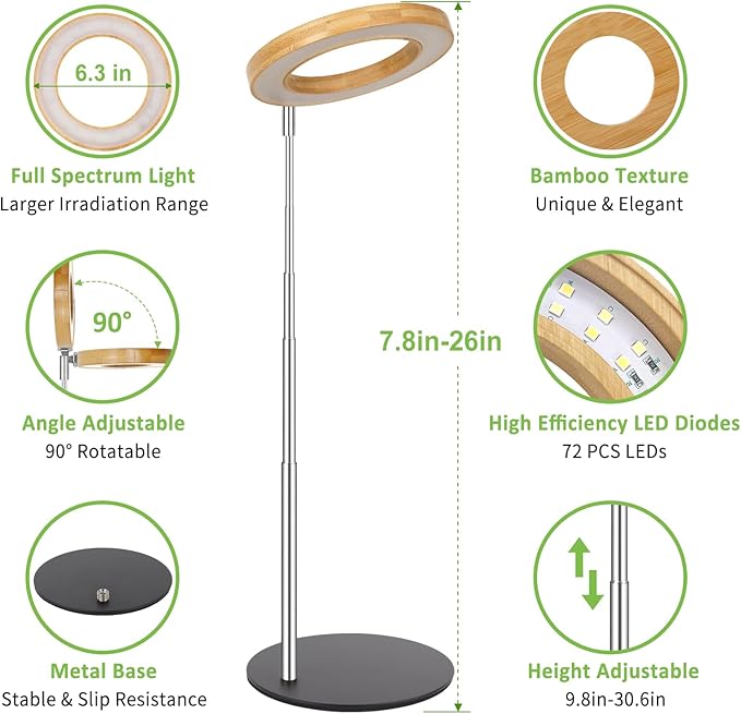 LORDEM Bamboo Grow Light for Indoor Plants, Full Spectrum Plant Light for Indoor Growing, Desk LED Grow Lamp with Auto On/Off Timer for 4H/8H/12H, 4 Dimmable Levels, Height Adjustable, 1 Pack