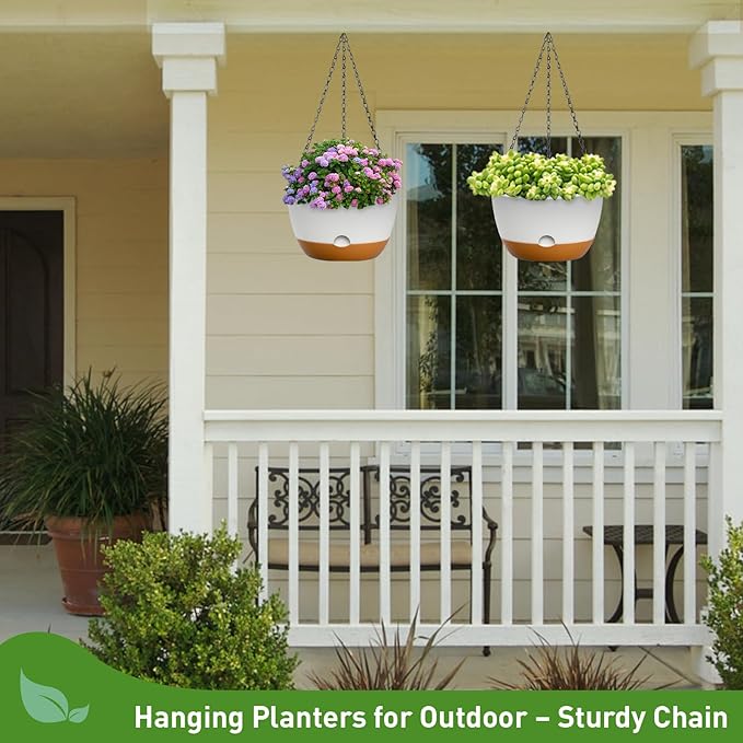 10 Inch Hanging Planters for Indoor & Outdoor Use (2 Pack) - Self-Watering & Drainage Flower Pots with Chain & Macrame Hangers (White, 10 in)