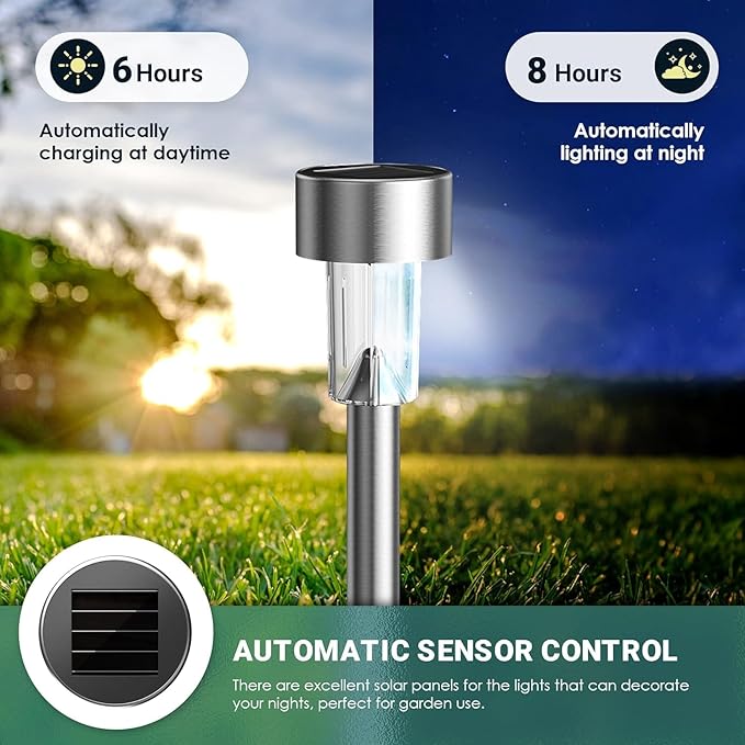 GIGALUMI Solar Lights Outdoor Waterproof, 12 Pack, Stainless Steel LED Solar Garden Lights for Patio, Lawn, Yard and Landscape, Cold White