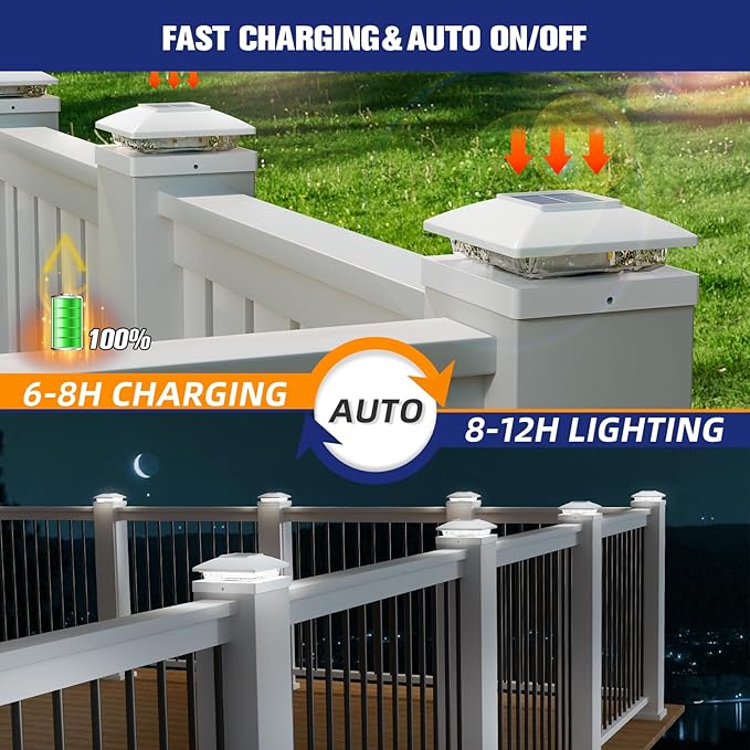 APONUO Solar Post Cap Lights for 4x4 Wood & Vinyl Posts, IP44 Waterproof Cool White LED 4x4 Post Solar Lights, Outdoor Garden Patio Yard Decor, 6 Pack (White)