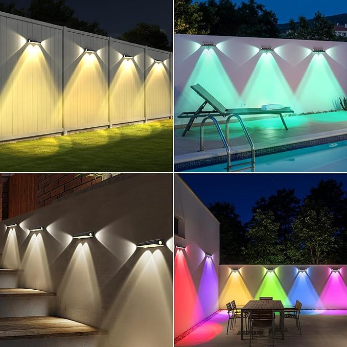 OUTON Solar Fence Lights Outdoor, 3-Side RGBCW Fence Light Solar Powered, 10 Modes Dusk to Dawn Auto ON/Off Deck Lights, IP65 Waterproof Outside Light for Garden Step Patio Backyard Wall, 12-Pack