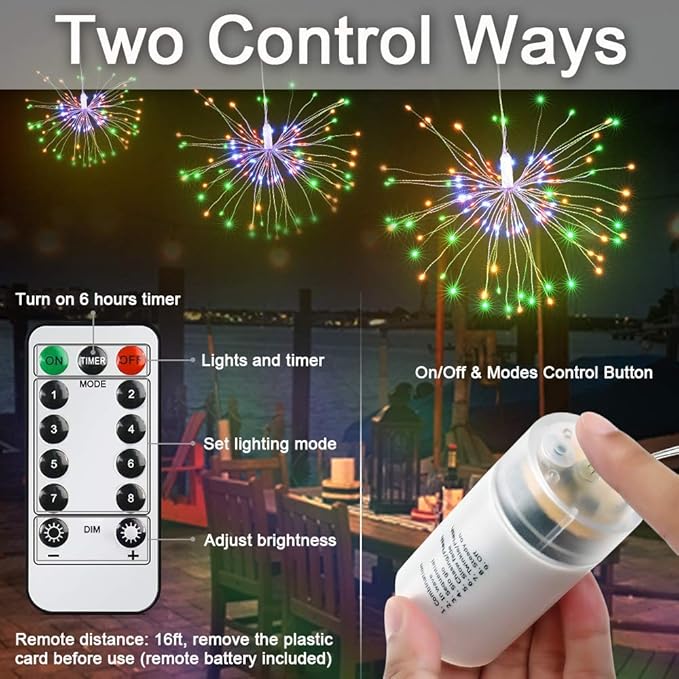 FOOING 6 Pack Firework Lights led Copper Wire Starbursts String Lights 8 Modes Battery Operated Fairy Lights with Remote,Decorative Hanging Lights for Party Patio Bedroom Christmas Decoration