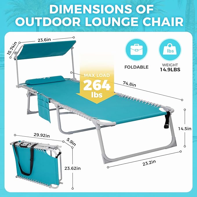 #WEJOY Folding Tanning Chair with Canopy Shade, Portable Adjustable 5-Position Patio Chaise Lounge with Pillow & Storage Pocket for Lay Flat Outdoor Lawn Backyard Beach Camping Pool (Cyan)