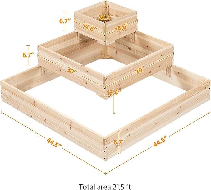 Yaheetech 3 Tier Wooden Raised Garden Bed 44.5'' L×44.5W×20.5×H, Horticulture Open-Bottom Planter Raised Garden Bed for Flowers/Herbs/Vegetables Planter Flower Box