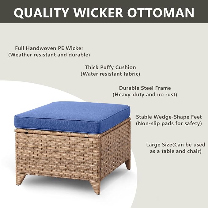 Outdoor Wicker Patio Furniture Set - 6 Piece Rattan Patio Conversation Set with 2 Rocking Swivel Chairs,2 Ottomans,1 Loveseat and 1 Coffee Table for Porch Deck Backyard Garden(Yellow/Blue)