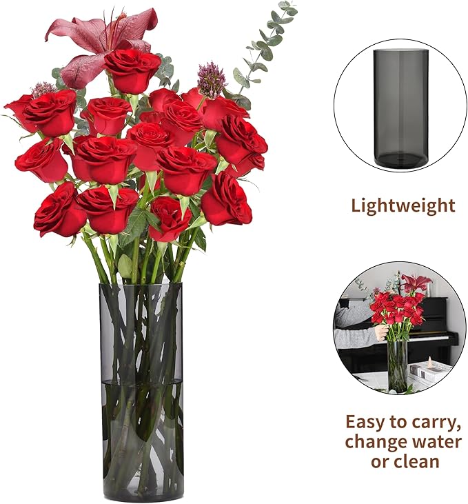 Flower Vase, Non-breakable Vases, 4" W x 12" H, Acrylic Grey Vase, Aesthetic Room Decor Cylindrical Modern Flower Vases for Table Centerpiece, Home Decor, Women Floral Arrangement Gift