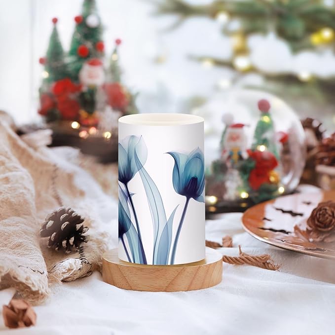 Flickering Flameless Candles, Blue Tulip Flower LED Candles with Remote Timer, Set of 2 Battery Operated Candle for Valentine Wedding Birthday