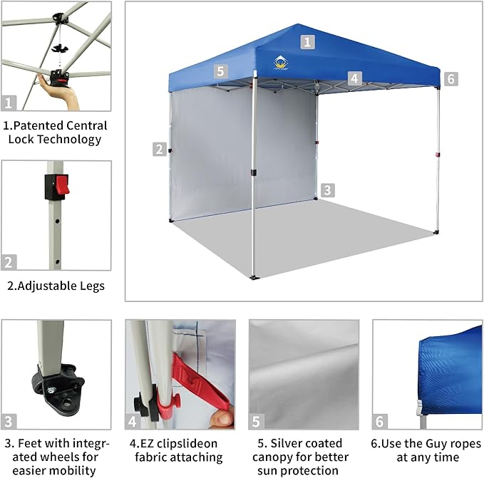 CROWN SHADES 8x8 Pop Up Canopy with 1 Side Wall - Beach Tent with One Push Setup - Outdoor Sun Shade for Events, Parties, Camping - Gazebo with STO-N-Go Cover Bag (Blue)