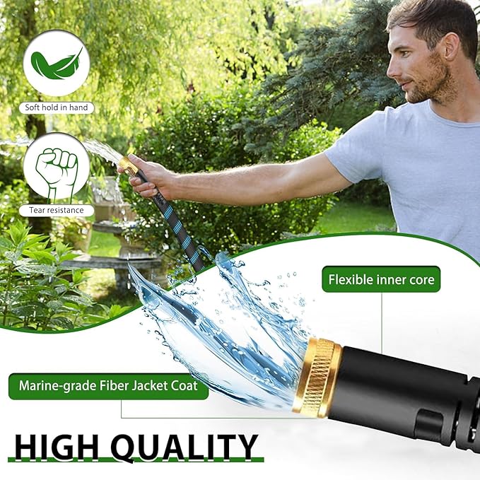 100Ft Non-Expandable Garden Hose, Flexible Water Hose with 10-Pattern Spray Nozzle, Lightweight Hose Pipe, Kink-Free, Leak-Proof, 3/4" Solid Metal Fittings