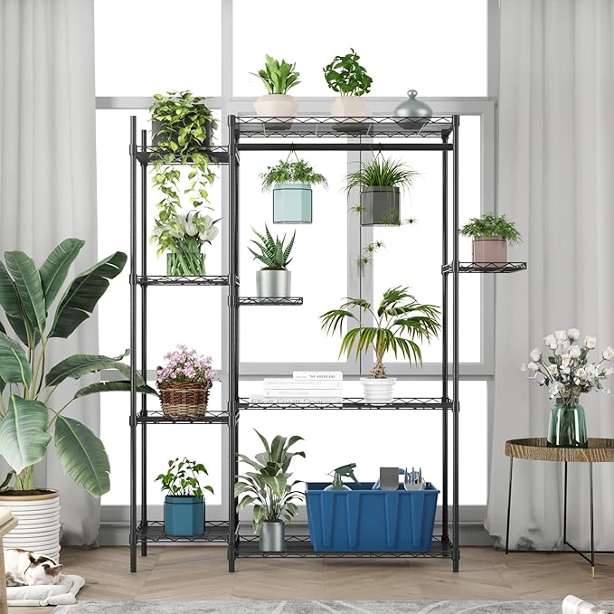 Xiofio Plant Stands for for Indoor Outdoor, Heavy Duty Metal Plant Stand,large Plant Shelf,Adjustable Plant Shelves With Hanging Rod for Living Room,Balcony,Garden,Black
