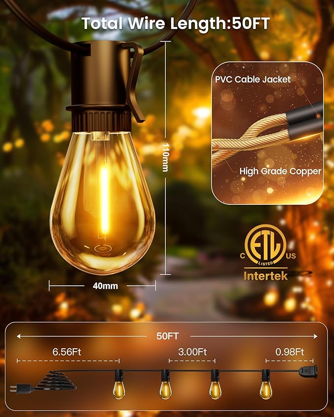 Torkase 50FT Outdoor String Lights LED, S14 Shatterproof Bulbs (15+1), Waterproof Dimmable Patio Lights for Backyard, Porch, Garden - Connectable Commercial Grade