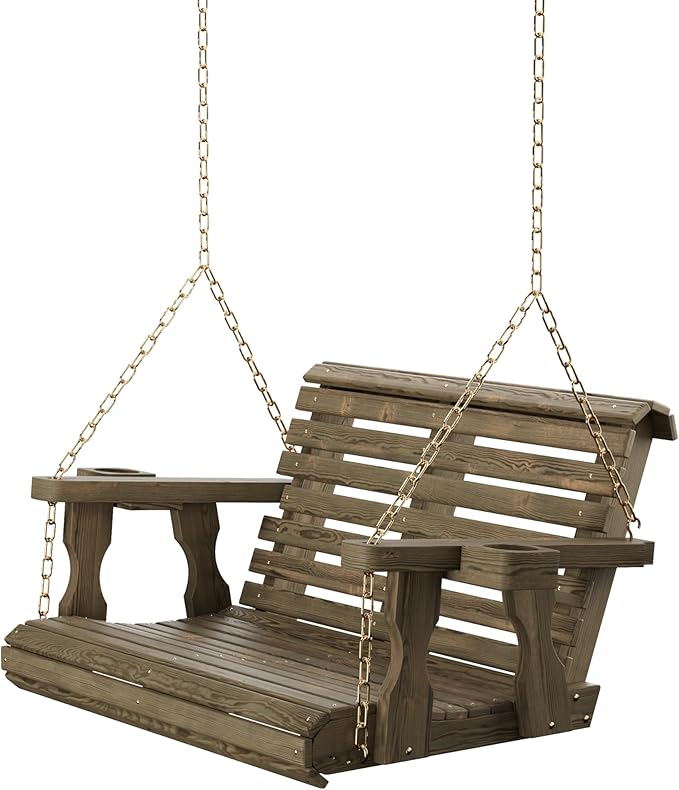 Amish Casual 3 Foot Roll Back Porch Swing with Cup Holders in Dark Walnut Stain - Amish Made in The USA from Treated Pine Heavy Duty 700 Lb. Weight Capacity
