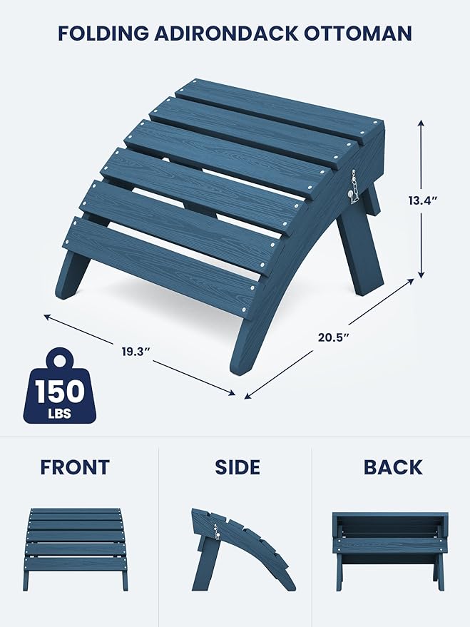 KINGYES Folding Adirondack Ottomans Set of 2 for Adirondack Chair, Navy