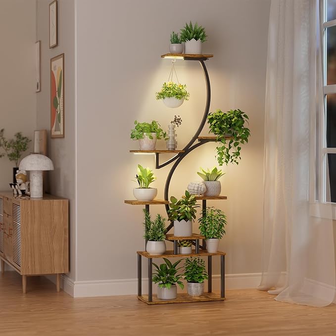 Simple Trending Plant Stand Indoor with Grow Lights, Heavy Duty 8 Tier Tall Plant Shelf for Plants Multiple, Metal Wood Plant Shelves Plant Display Holder for Garden, Black