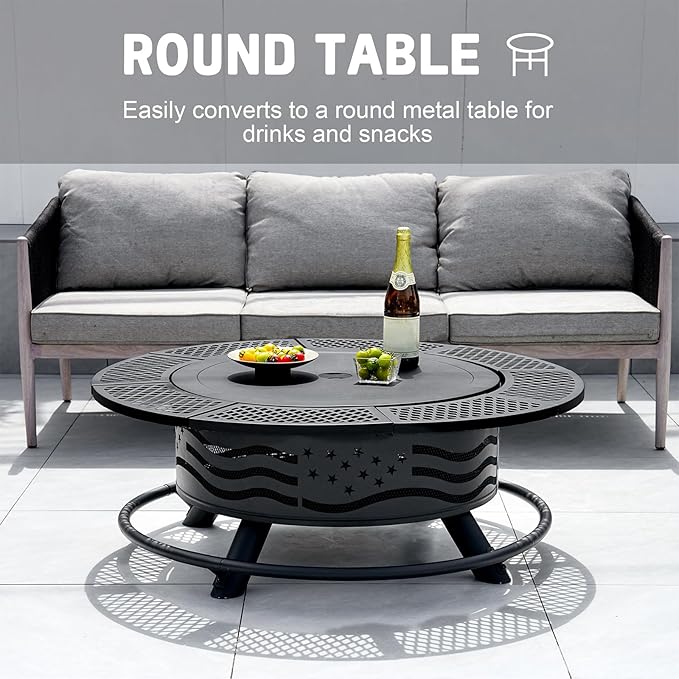 42 Inch Fire Pit with 2 Cooking Grates, Outdoor Wood Burning BBQ Grill Firepit Bowl with Cover Lid, Steel Round Table for Backyard Bonfire Patio Picnic (Black, 42)