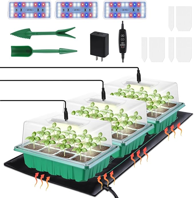 3-Pack Seed Starter Trays with Heat Mat, Seed Starter Kit with Grow Lights, 36 Large Cells Seed Germination Kit with Adjustable Humidity Vents for Indoor Plants Seeds Starting, Ideal Gardening Gifts