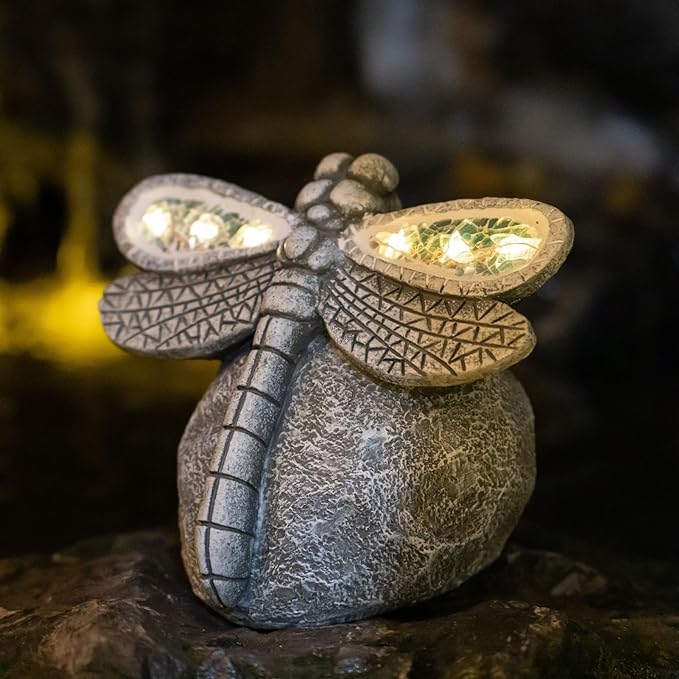 Garden Statue Dragonfly,Solar Dragonfly Decor for Outdoor,Resin Dragonflies Figurine with Solar Light for Patio,Balcony,Yard,Lawn Ornament,Perfect Garden Gift