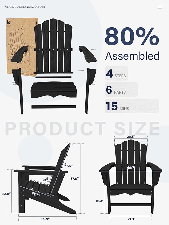 KINGYES HDPE Adirondack Chair, Classic All-Weather Adirondack Chair Set of 8, Black