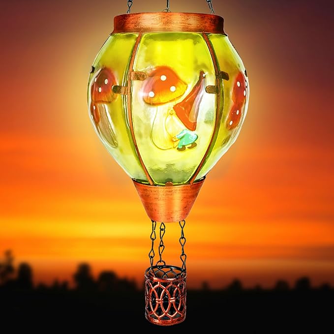 4 Pack Solar Hot Air Balloon Lantern with Flame， Mushroom Gnome Glass Solar Hanging Lanterns Outdoor for Outside Garden Patio Tree Porch Yard, Mushroom Gifts for Women Grandma Mom - Mushroom