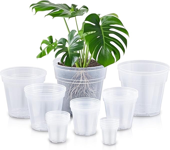 Vesici Large Size Clear Nursery Pots Variety Pack Plant Pots with Drainage Holes Planters for Indoor Plants Flexible Transparent Plastic Plant Bottle Succulents(24 Pcs,3/4/5/6/7/8/9/10 Inch)