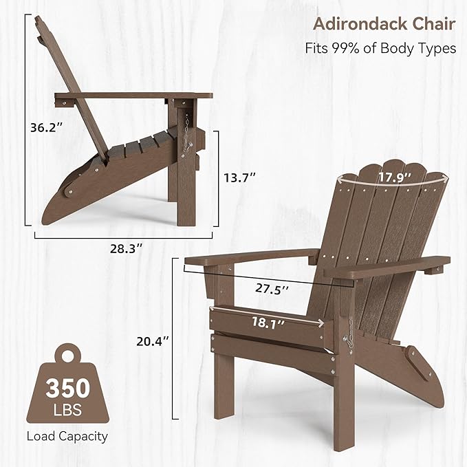 Folding HDPE Adirondack Chair Set of 2, Weather-Resistant Patio Chair with Wide Armrests & High Backrest, Fire Pit Chair for Garden, Backyard, Porch - Coffee