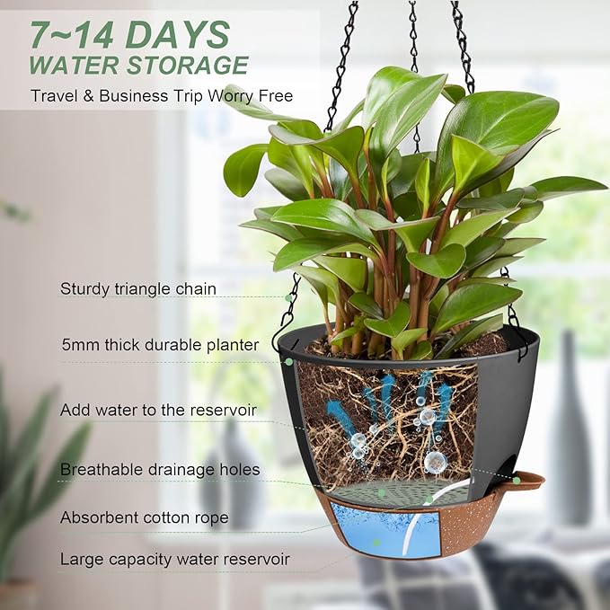 Hanging Planters for Indoor Outdoor Plants, 2 Pack Self Watering Hanging Pot with Drainage Holes & Removable Tray (Black, 10'')
