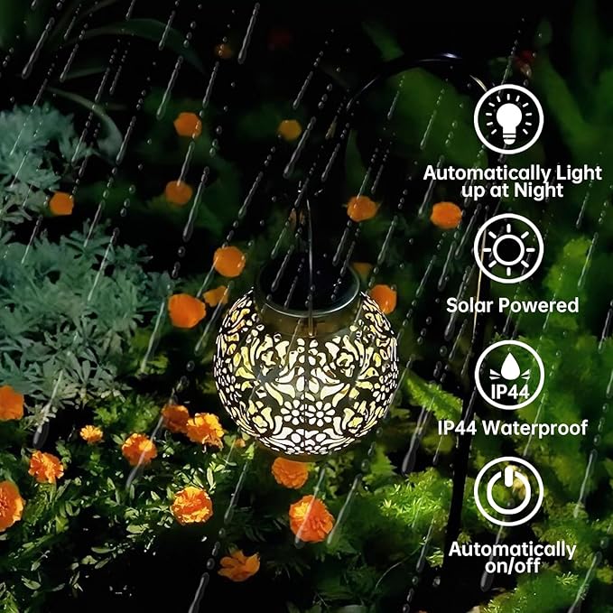 Set of 2 Outdoor Solar Hanging Lantern Lights Metal LED Decorative Lamp for Garden Patio Courtyard Lawn and Table with Hollowed-Out Design (Antique Bronze)