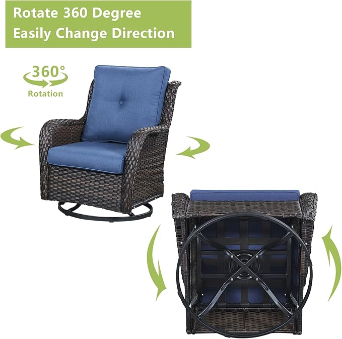 Outdoor Wicker Patio Furniture Set - 6 Piece Rattan Patio Conversation Set with 2 Rocking Swivel Chairs,2 Ottomans,1 Sofa and 1 Side Table for Porch Deck Backyard Garden(Brown/Blue)