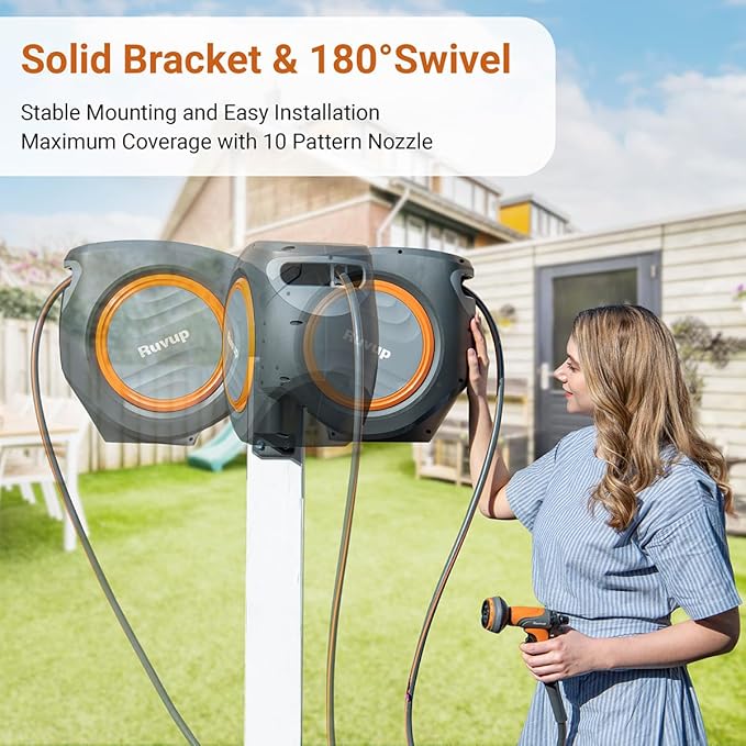 Ruvup Retractable Garden Hose Reel, 5/8in x 100ft Water Hose Reel with Metal Bracket, UV Resistant Automatic Hose Reel Wall Mount for Outside, Slow Retraction Any Length Lock 10 Spray Nozzle