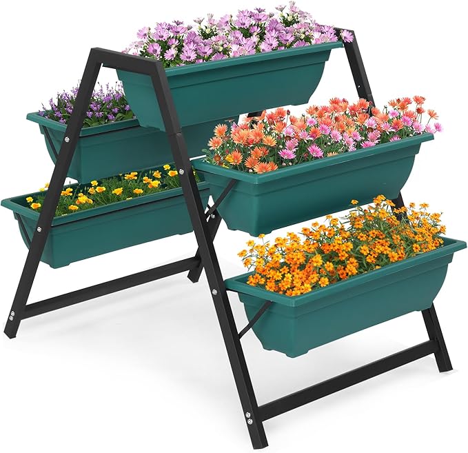 Outvita Green Raised Garden Planter Bed, Tiered Planter Stand with 5 Boxes, Vertical Raised Garden Bed for Herbs, Flowers, Vegetables in Patio Balcony Indoor Outdoor