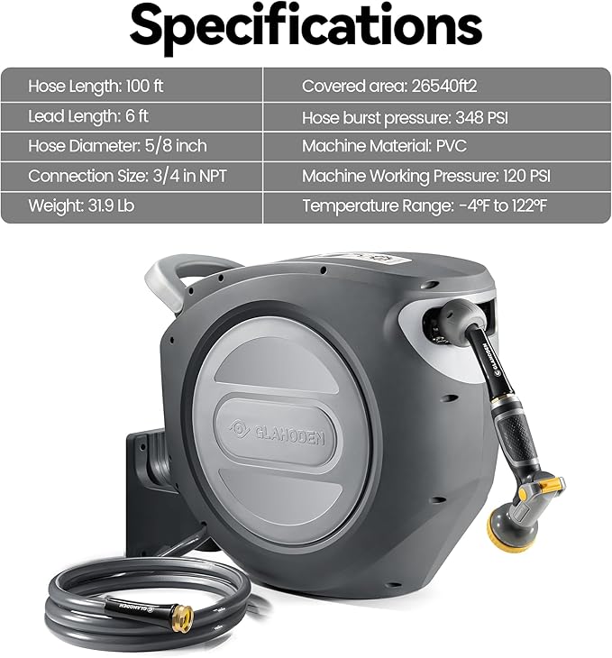 Retractable Garden Hose Reel 5/8 in x 100 ft Upgraded UV Resistant Heavy Duty Automatic Hose Reel Wall Mount 3/4 in Brass Fitting 9 Pattern Nozzle Any Length Lock Slow Retraction