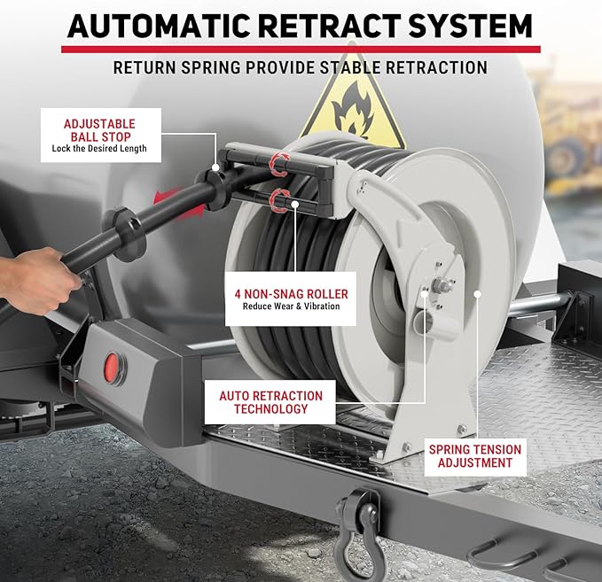 Fuel Hose Reel, 1" x 33' Diesel Fuel Reel with Refueling Nozzle, 300 PSI Heavy-duty Steel Construction Used for Aircraft Ship Vehicle Tanker Truck