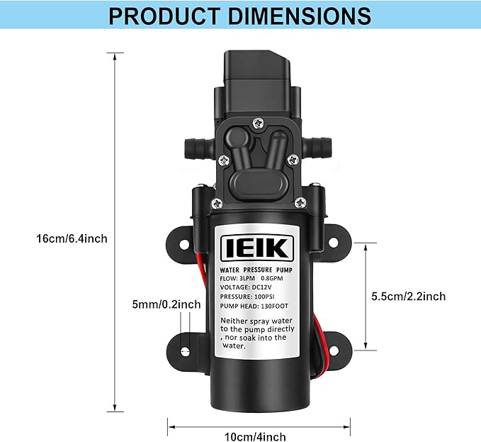 12 Volt Diaphragm Pump 3LPM 0.8 GPM 100PSI Self Priming Sprayer Pump 12V DC Fresh Water Pump Water Pressure Switch for RV Camper Marine Boat Lawn (30W)