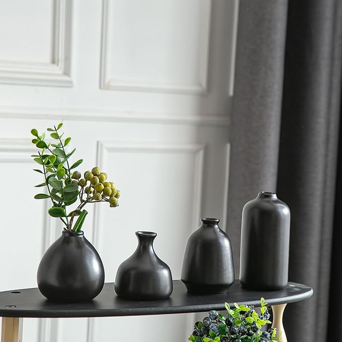 JOJUNO Black Bud Vases, Small Ceramic Vase Set of 11, Mini Pottery Vases for Flowers, Decorative Pieces for Home Modern Decor, Boho Decor, Chic Accents for Living Room Dining Table Shelves