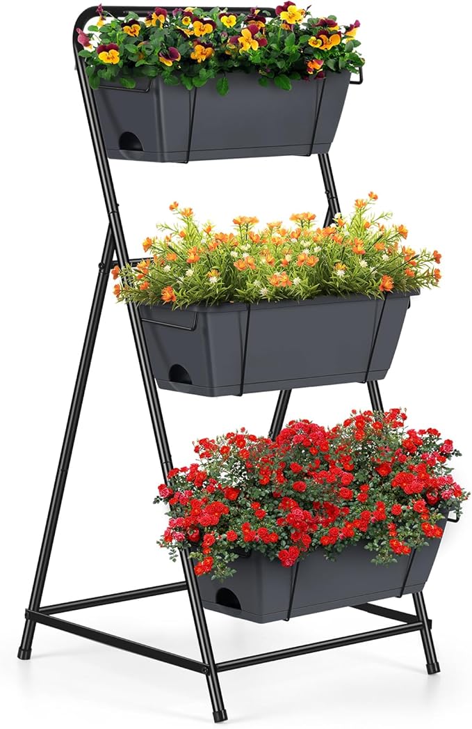 Vertical Garden Planter 3 Tier Raised Garden Bed Herb Planter Outdoor Standing Garden Planter Box with Drainage Holes Removable Tray for Patio Balcony Porch Grey