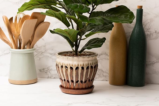 rePotme 6" Pinwheel Fluted Ceramic Plant Pot (Honey Cream Over Copper) - Great for Orchids, Succulents, and All Indoor Plants