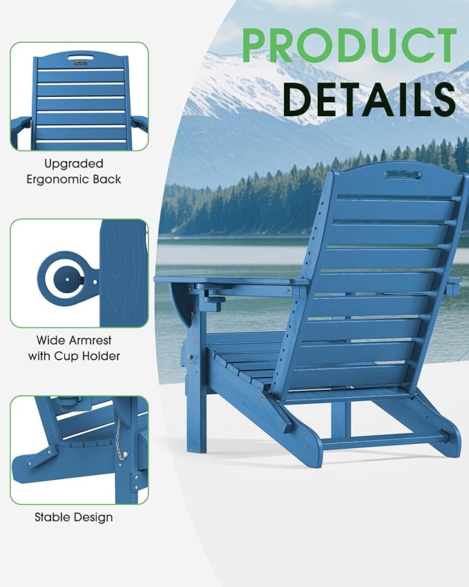 Adirondack Chairs Set of 2, Outdoor Fire Pit Chairs, HDPE All-Weather Adirondack Chairs with Cup Holder, Lawn Chair for Deck, Patio, Garden (NavyBlue)