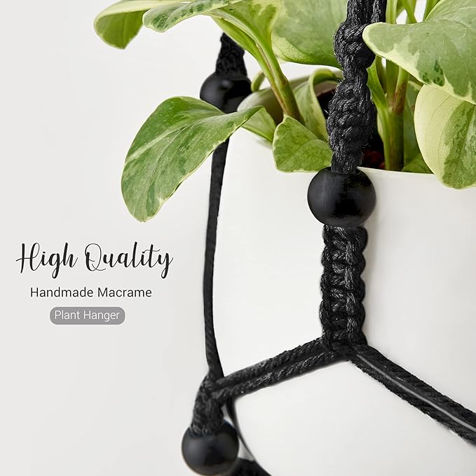 Mkono Macrame Plant Hanger Indoor Hanging Planter Basket with Wood Beads Decorative Flower Pot Holder No Tassels for Indoor Outdoor Boho Home Decor 35 Inch, Black, Set of 3 (POTS NOT Included)