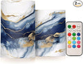 Flickering Flameless Candles, Drak Blue Golden Marble LED Candles with Remote Timer, Set of 2 Battery Operated Candle for Valentine Wedding Birthday