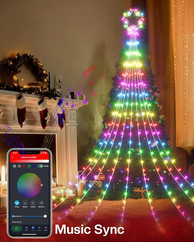 16.5FT Smart Outdoor Christmas Decoration Star String Lights, DIY Color Changing LED Yard Lights App Control Music Sync, Timer, Group Control Waterproof Waterfall Tree Lights for Outside