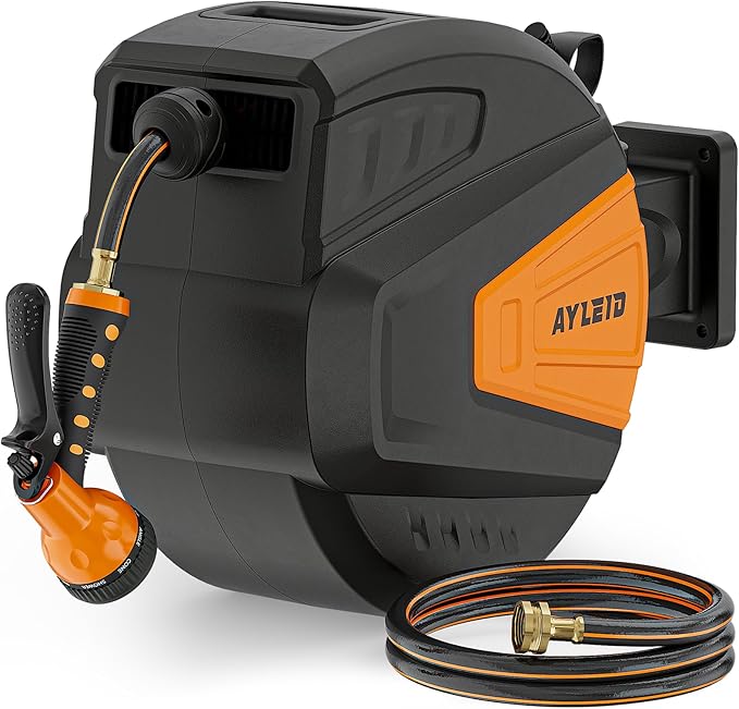 Ayleid Retractable Garden Hose Reel,1/2 in x 100 ft Wall Mounted Hose Reel, with 9- Function Sprayer Nozzle, Any Length Lock/Slow Return System/Wall Mounted/180°Swivel Bracket (Black)