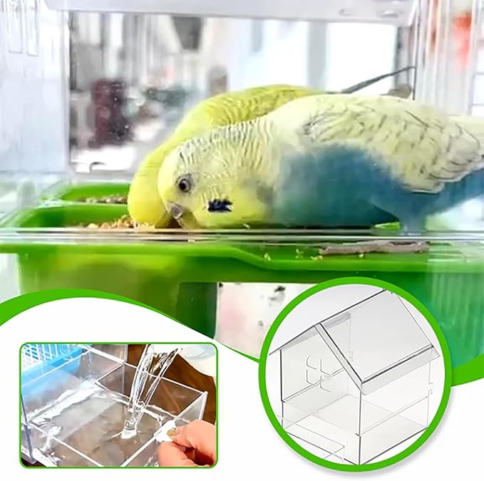 Ziveseller/Sowhathow Pull-Out External Parrot Feeder, Parrot Feeder Parakeet House Bird Bath Transparent Dish Water, Hanging Wild Bird Seed with Squirrel Proof Tray (Green*2)
