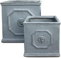 Kante Square Lion Head Concrete Planter Set of 2, Classic English Style Plant Pot with Drainage Hole and Rubber Plug for Indoor Outdoor, 10.2"x10.2"x10.2" and 12.6"x12.6"x12.6" Antique Gray