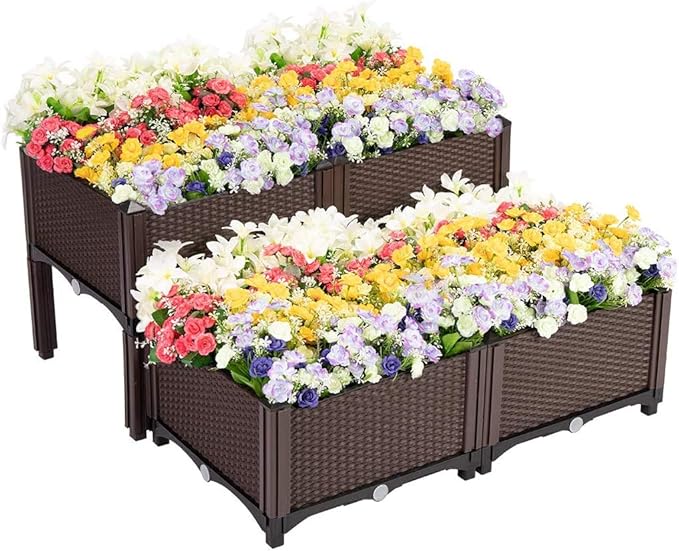 VIVOHOME 4 Packs Elevated Plastic Raised Garden Bed Planter Kit, Outdoor Planters Above Ground Flower Vegetable Standing Box for Patio Deck Porch W/Drainage Holes