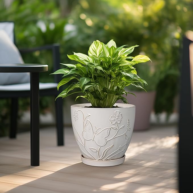 10 Inch Plant Pot Ceramic Planter Pot with Drainage Hole and Saucer Round Planter Large Flower Pot for Indoor Outdoor Plants Home Garden Decor White