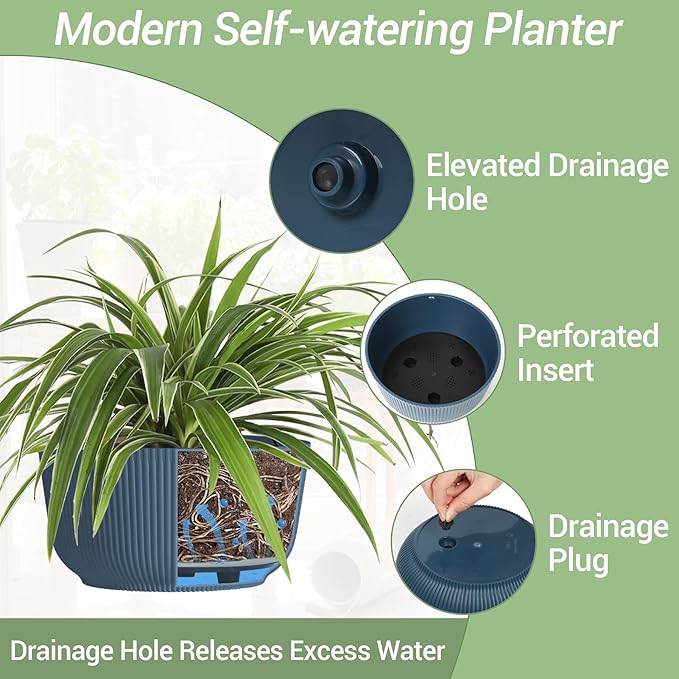T4U 10 Inch Hanging Planters for Indoor Outdoor Plants, Hanging Baskets for Plants Pack of 2, Self Watering Hanging Pots with Drainage Hole for Garden Home Decor, Blue