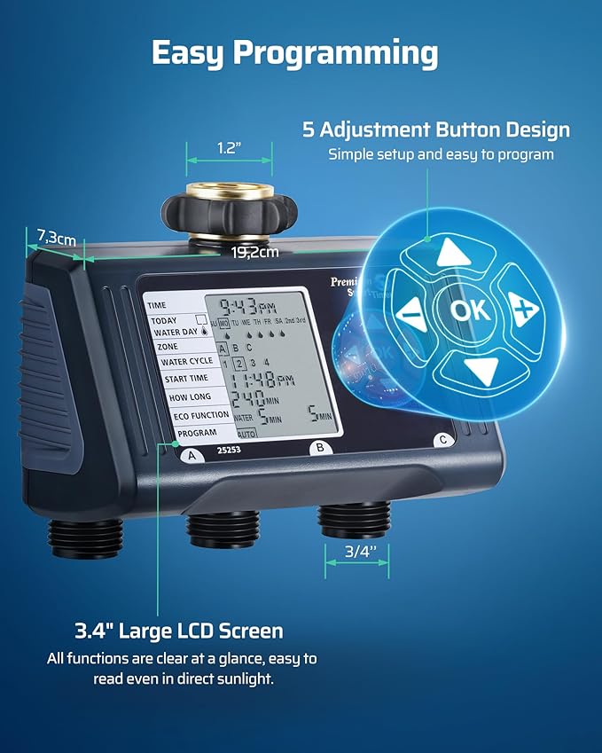 DEWENWILS Sprinkler Timer 3 Zone, Water Hose Garden Irrigation Timer with 4 Programmable Procedure and Low Battery Warning, Repeat Watering over Period, Faucet Controller with Rain Delay Mode for Lawn