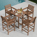 5-Piece Bar Height Outdoor Table and Chairs Set, HDPE Wood Grain Patio Bar Table and Chairs with Heart Cutout Design, Weather-Resistant Bar Height Furniture for Deck, Porch, Pool (Teak)